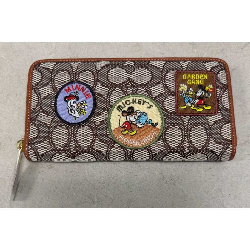 Disney x Coach Accordion Zip Wallet Signature Canvas Garden Patch CH492 Brown